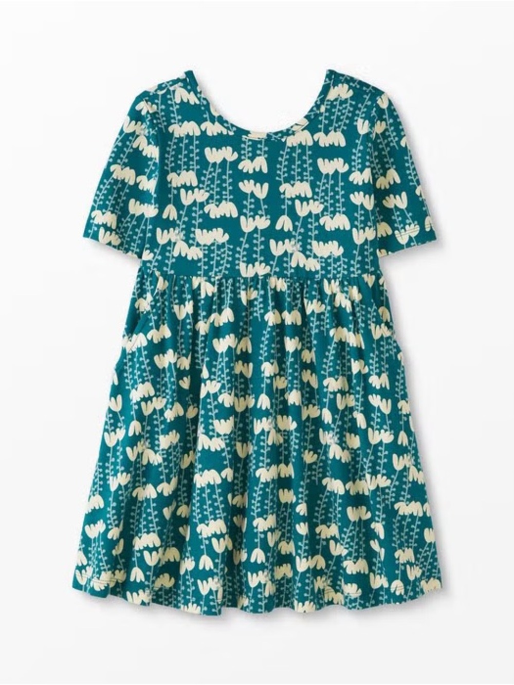 Hanna Andersson Skater Dress Teal Floral Pockets Girls Size 10 Cotton Twirl